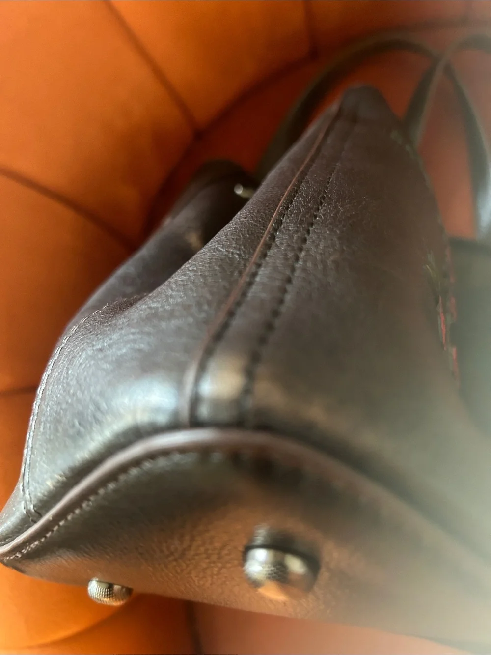 Women’s Brown Leather Tote Bag with Red Floral Accented leather